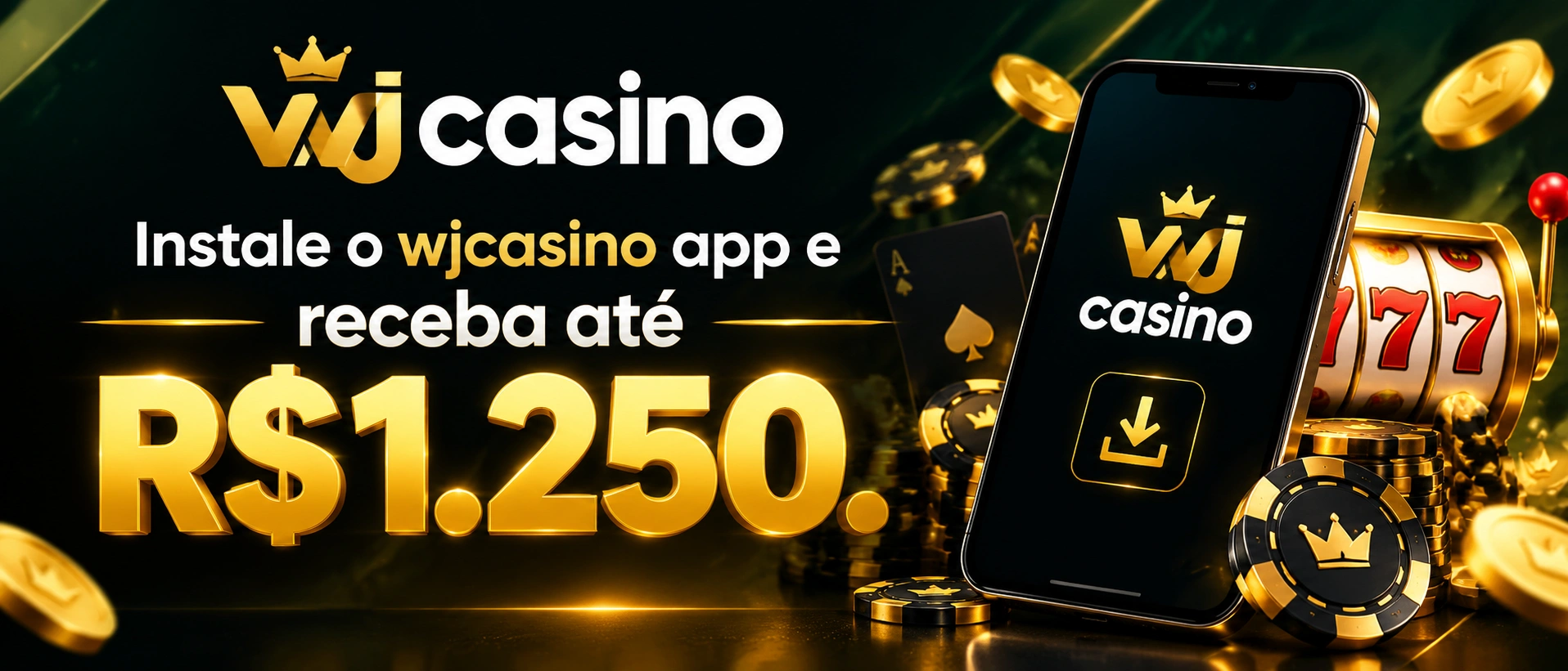 Interface móvel do wjcasino com áreas de conta, jogos e navegação no celular