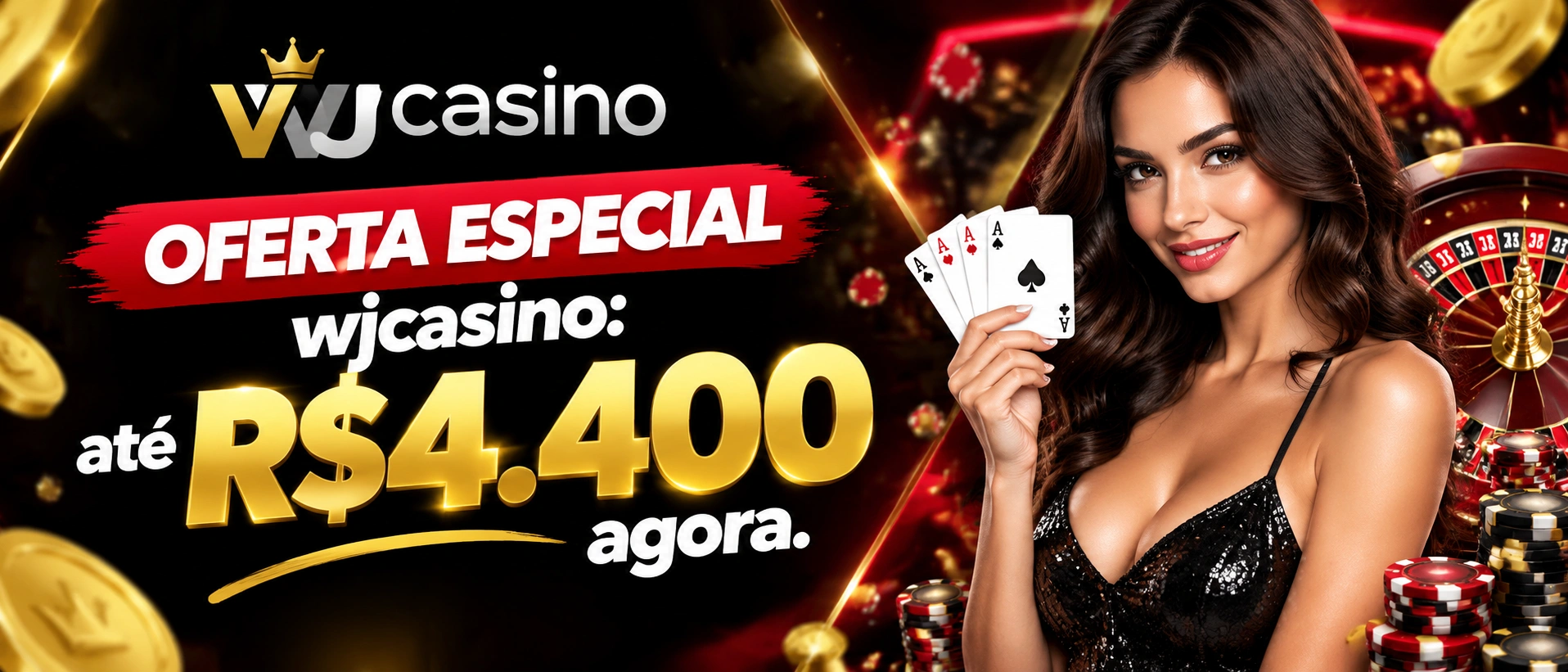Tela promocional da wjcasino com campanhas de pacote vermelho e bônus misterioso